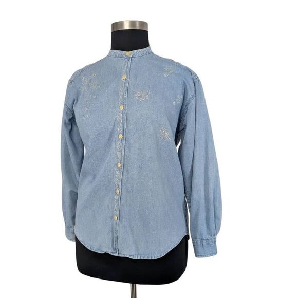 Bill Blass L Denim Chambray Button Down Jean Top 80s VTG Puff Paint Western - Picture 2 of 7